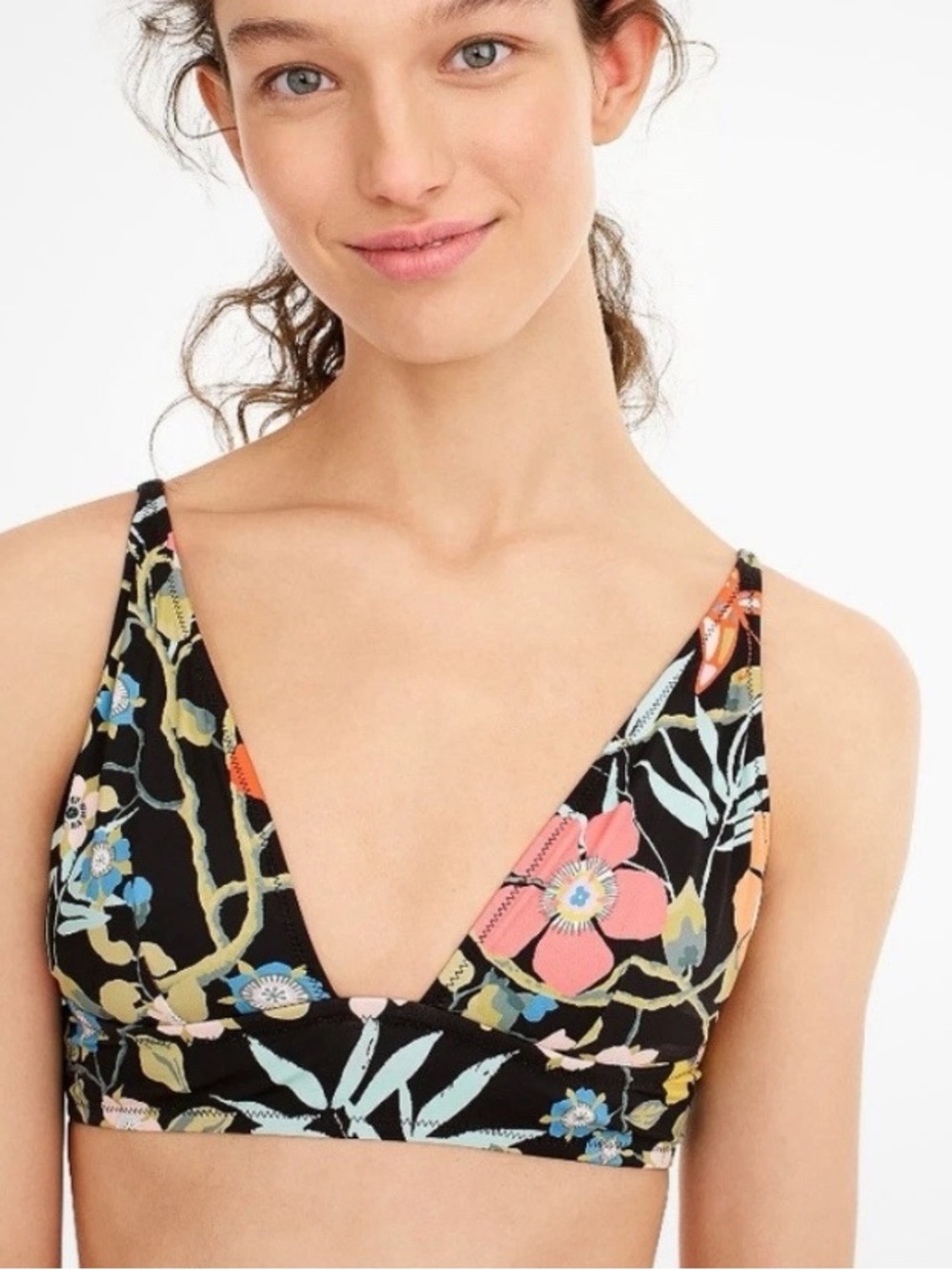 J. Crew Black Liberty Floral Deep V-Neck Bikini Top